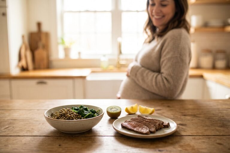 Femme enceinte dans sa cuisine, devant un bol de lentilles aux épinards, un kiwi, du citron et un steak bien cuit