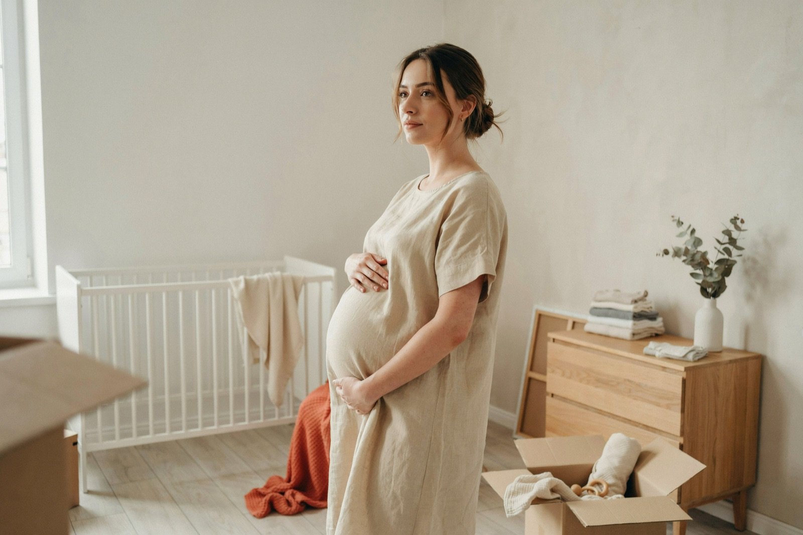 Future maman debout dans la chambre de bébé en préparation avant la naissance