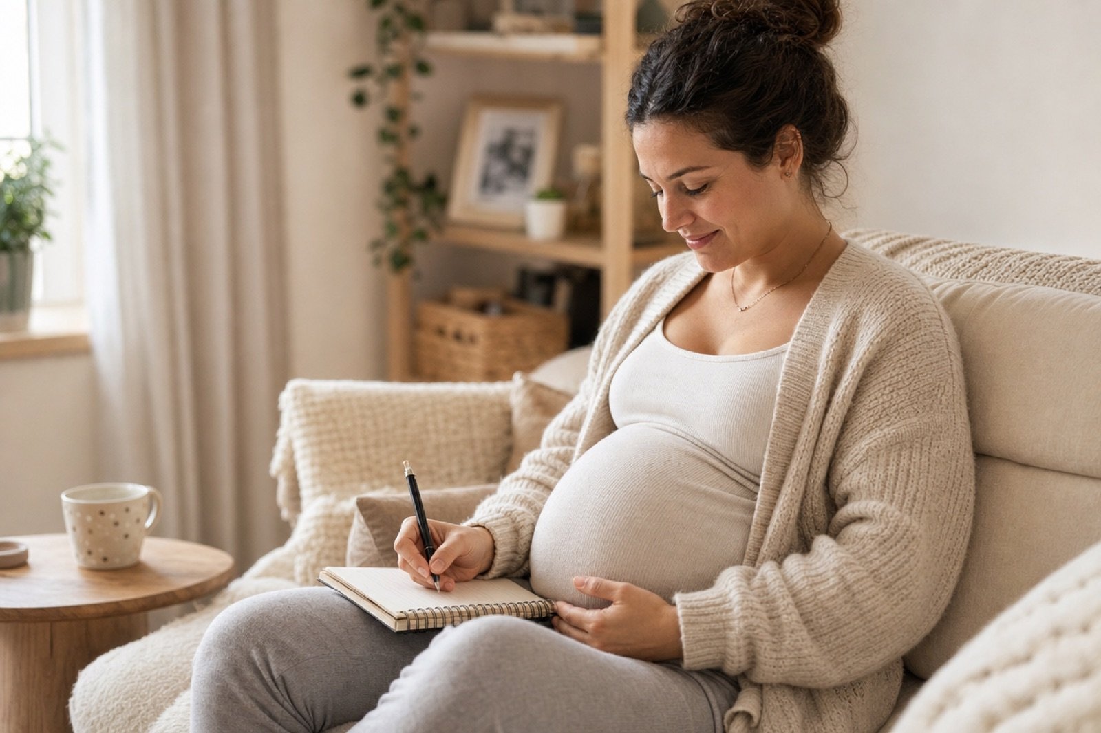 Future maman notant sa liste d'envies pour la naissance de bébé dans un carnet