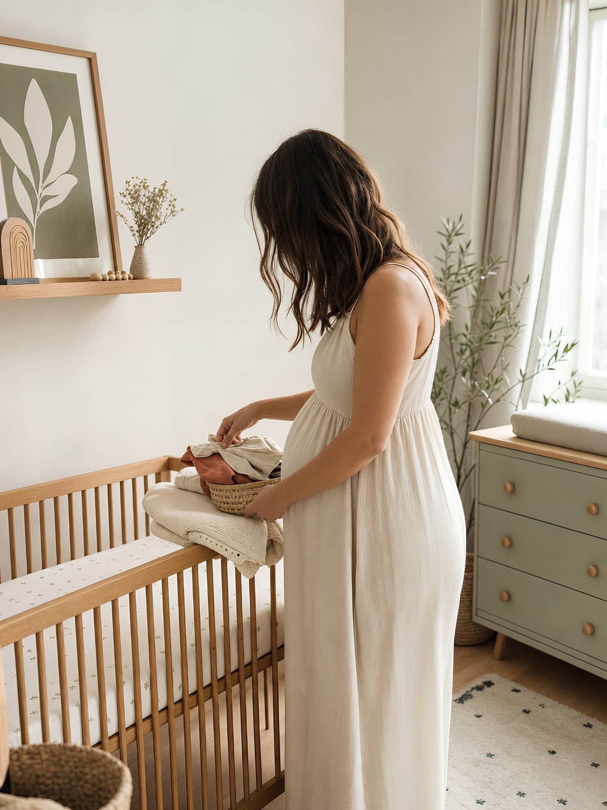 Future maman préparant les affaires de bébé près du berceau pour sa liste de naissance