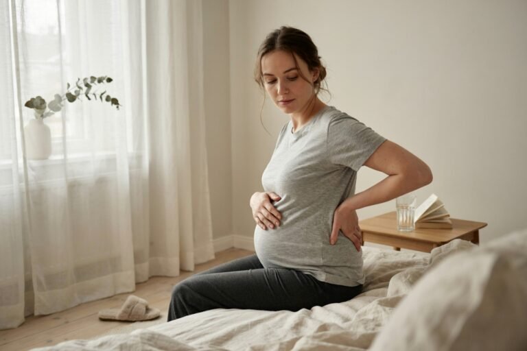 Femme enceinte assise au bord du lit, une main dans le bas du dos, soulageant son mal de dos pendant la grossesse