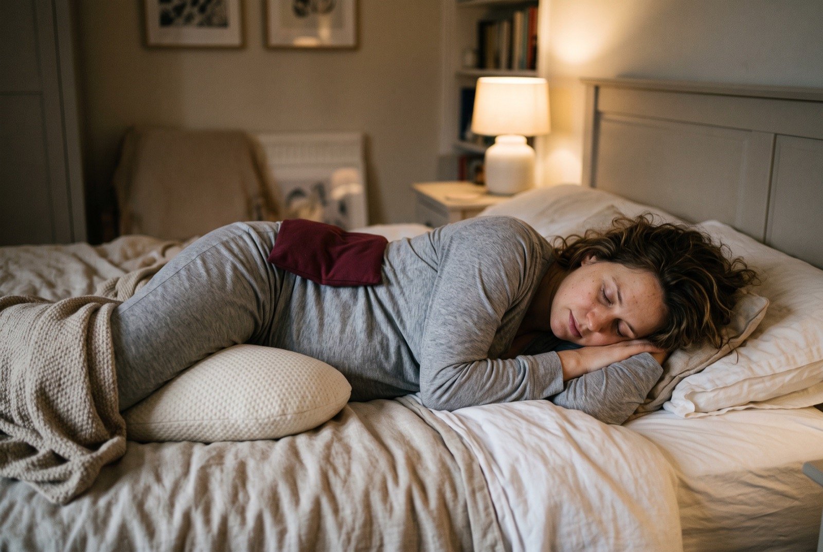 Bouillotte posée dans le bas du dos d'une femme enceinte allongée sur le côté gauche, un coussin entre les jambes