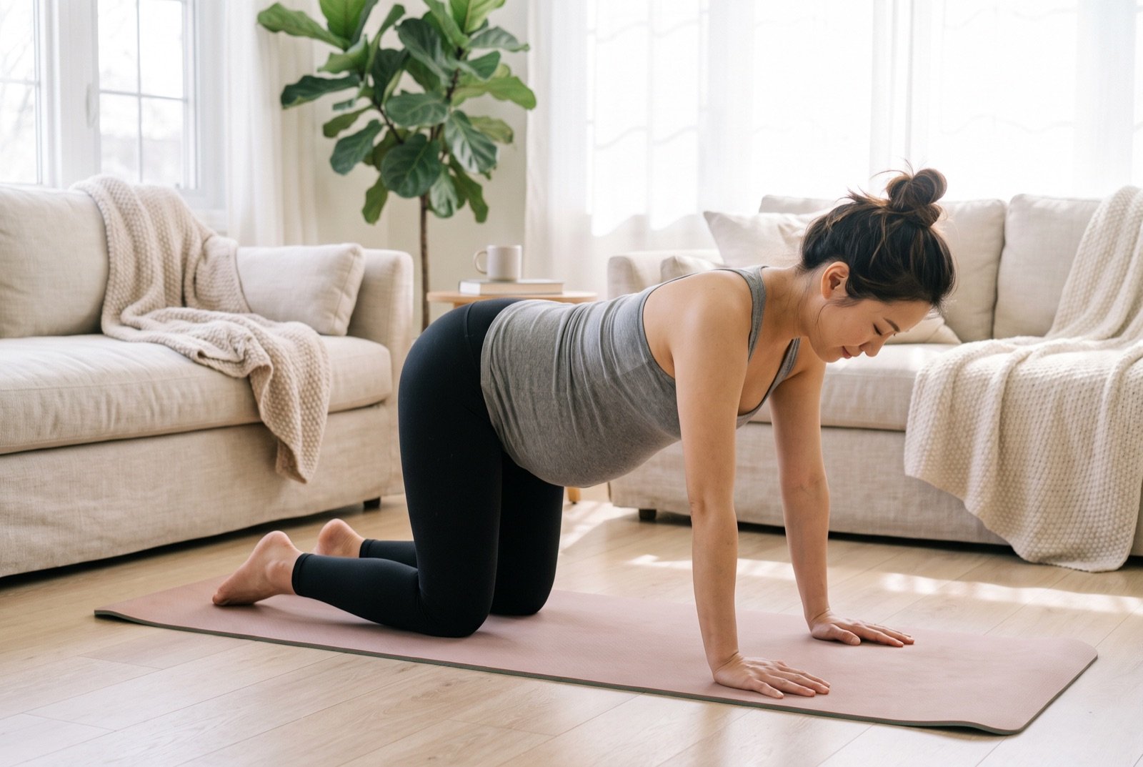 Femme enceinte à quatre pattes sur un tapis, position de départ de l'exercice chat-vache contre le mal de dos