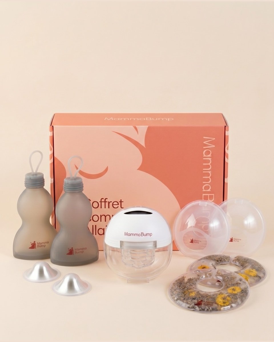 Coffret complet allaitement MammaBump, tire-lait coupelles argent et compresses