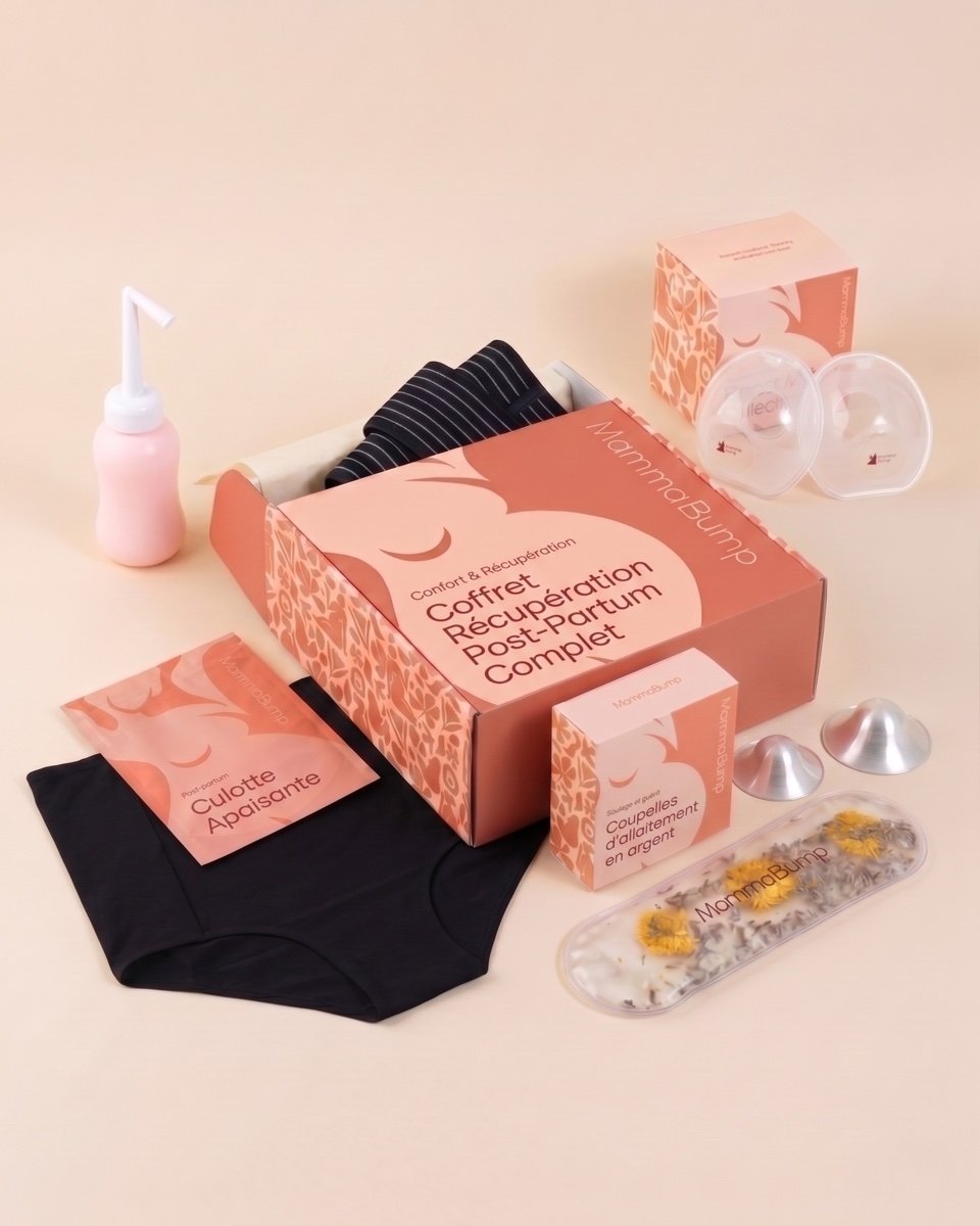 Coffret récupération post-partum complet MammaBump, ceinture culottes et coupelles argent