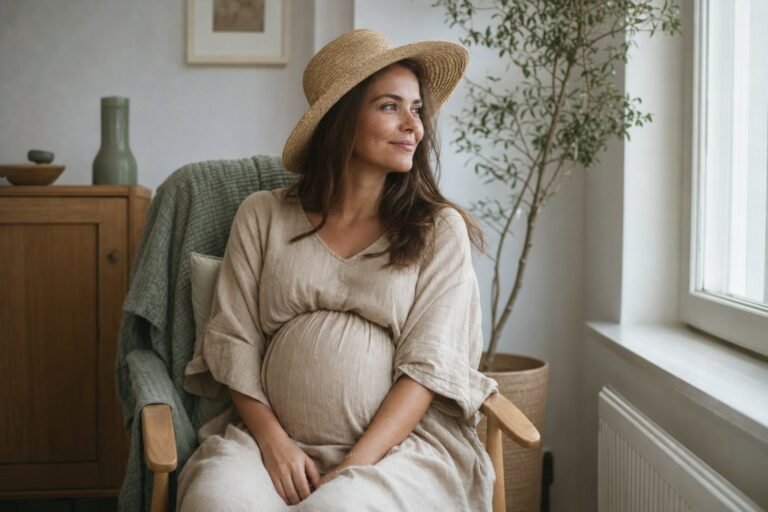 Femme enceinte en robe de lin et chapeau de paille, assise près d'une fenêtre à l'abri du soleil direct