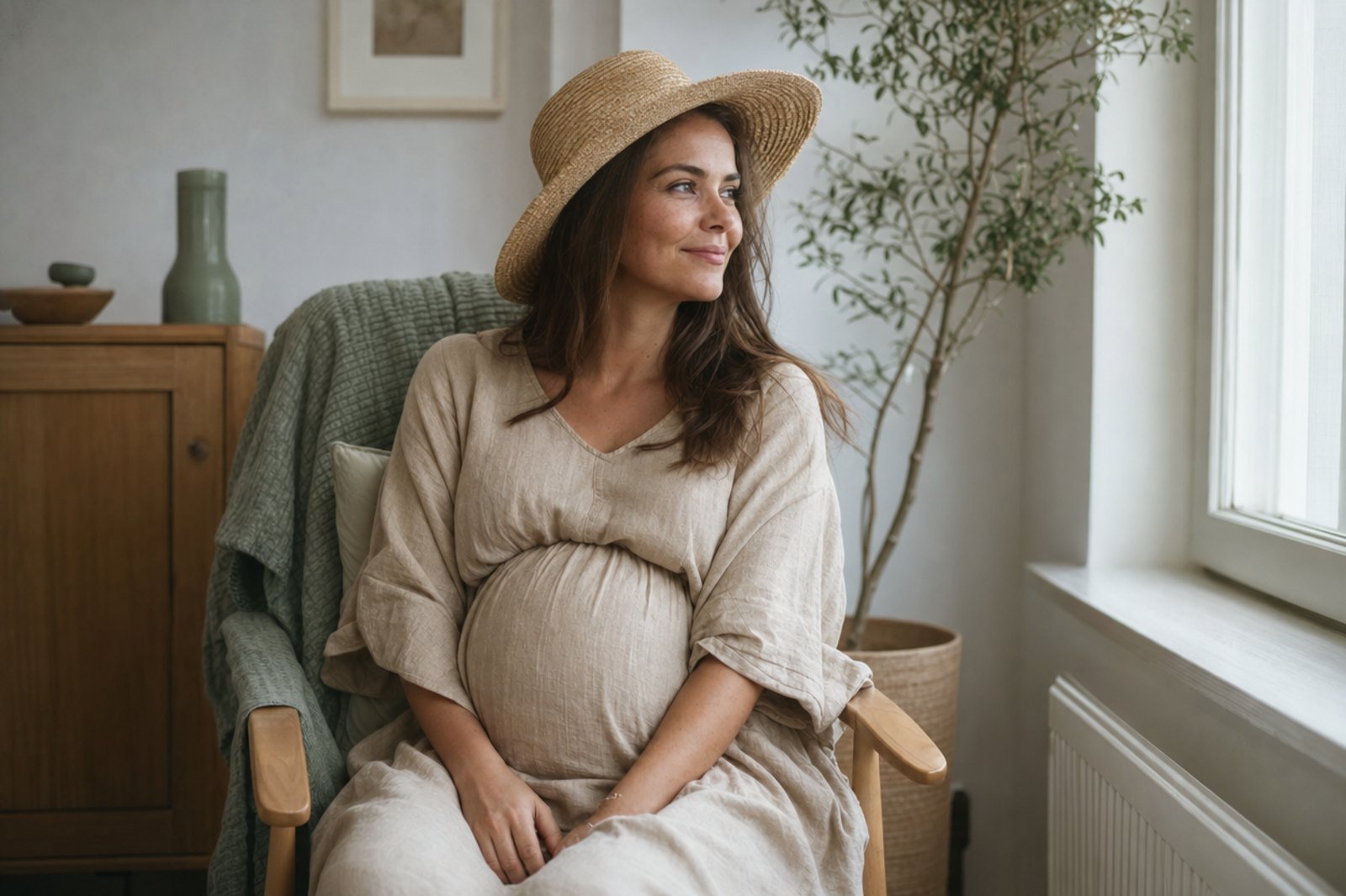 Femme enceinte en robe de lin et chapeau de paille, assise près d'une fenêtre à l'abri du soleil direct