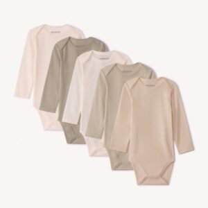 Lot de 5 bodies manches longues unis pour bébé, coloris écru et taupe
