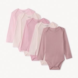 Lot de 5 bodies manches longues unis pour bébé fille, coloris écru et rose