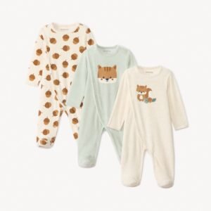 Lot de 3 dors-bien bébé motifs écureuil, coloris vert sauge et écru