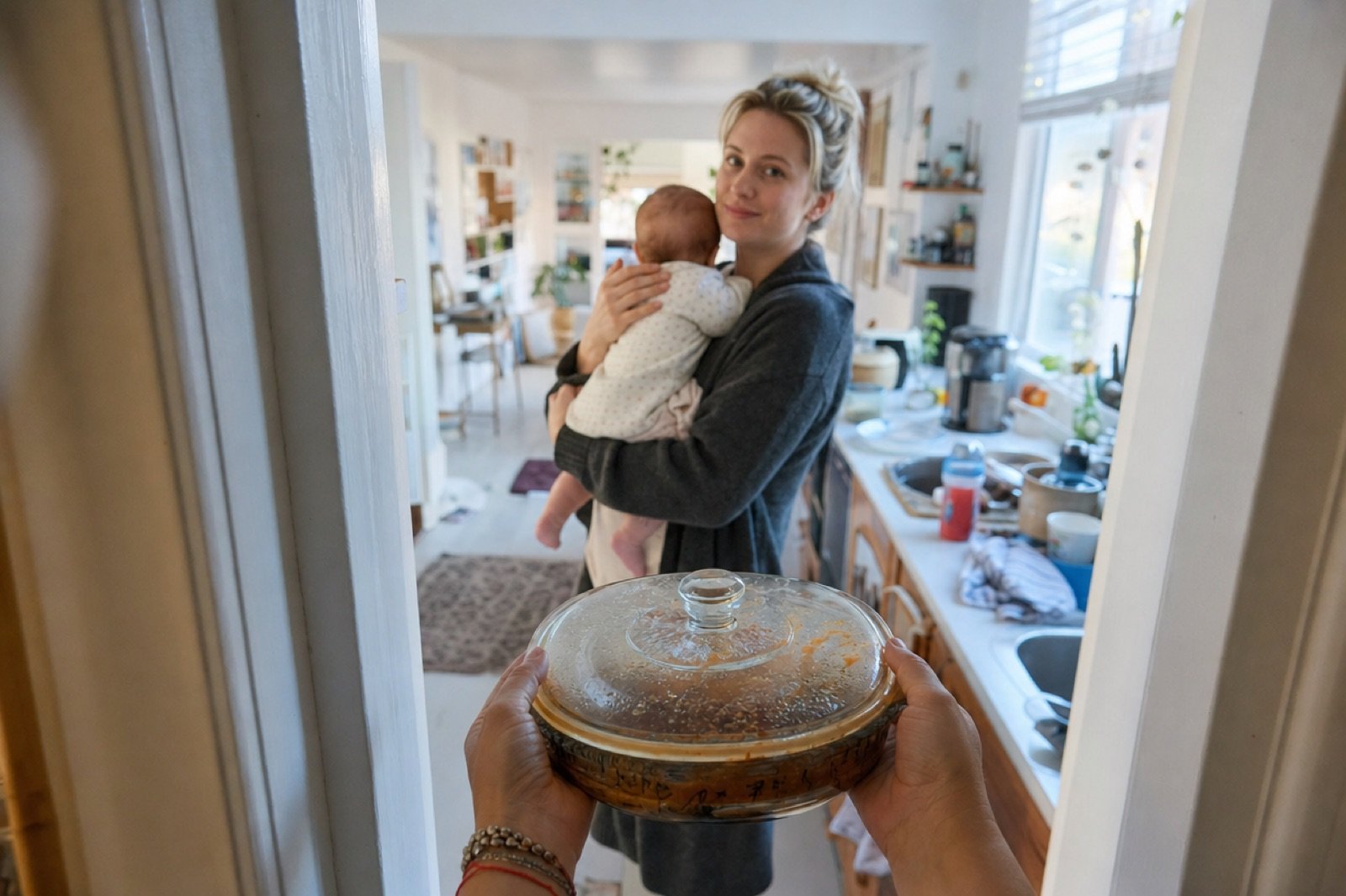 Proche apportant un plat maison à une jeune maman qui porte son nouveau-né
