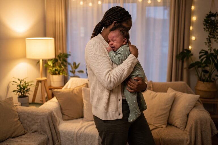Maman tenant contre elle son nouveau-né qui pleure, le soir, dans un salon éclairé par une lampe