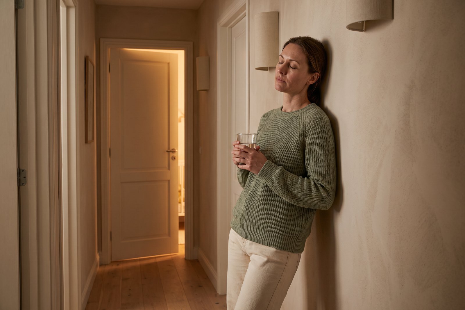 Maman adossée au mur du couloir, les yeux fermés, un verre d'eau à la main, devant une porte entrouverte