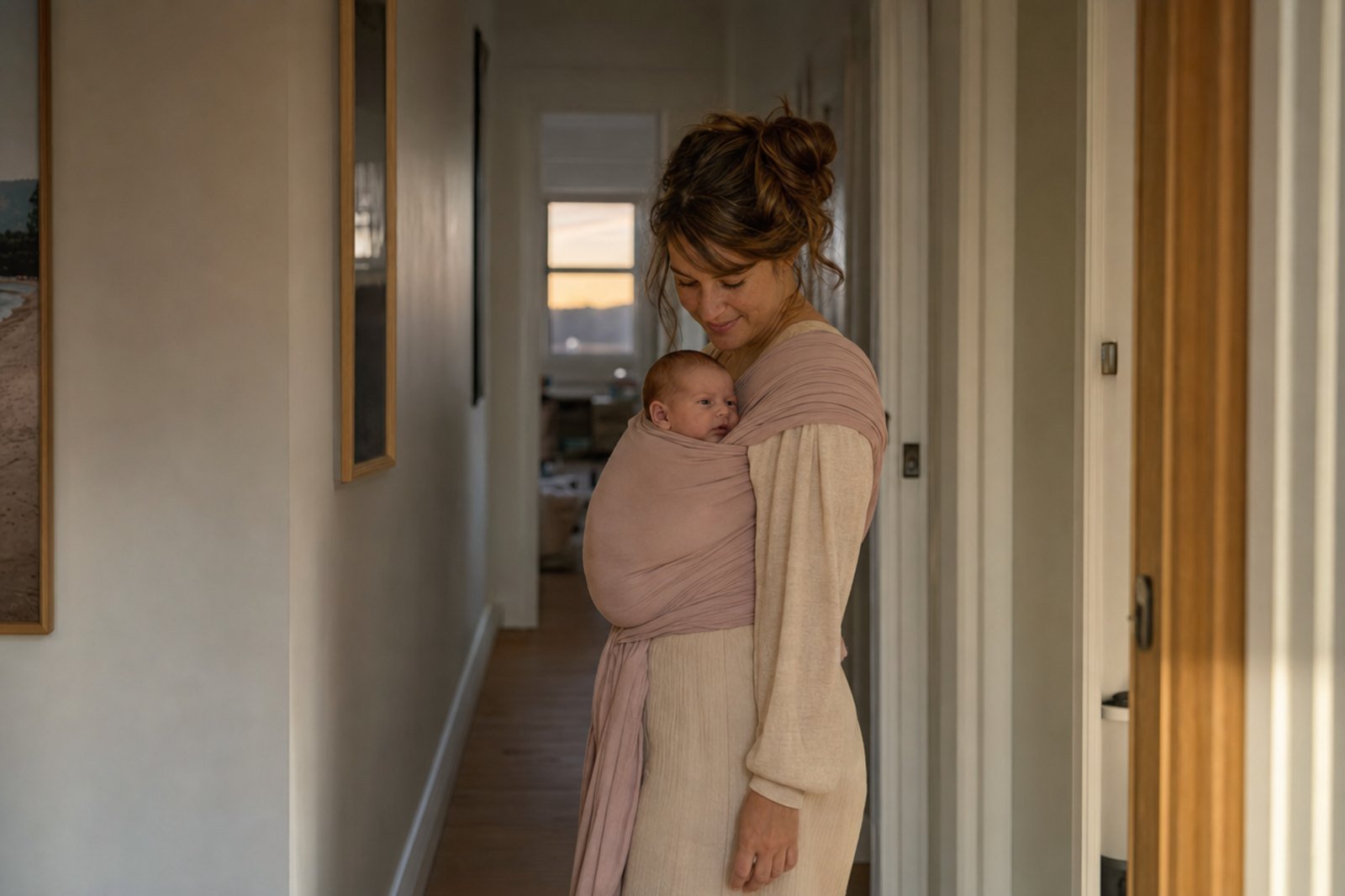 Maman portant son nouveau-né en écharpe de portage, le visage de bébé bien dégagé contre sa poitrine, dans un couloir au coucher du soleil