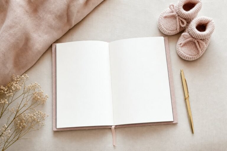 Carnet ouvert aux pages blanches, stylo doré et chaussons de bébé roses tricotés sur un tissu en lin