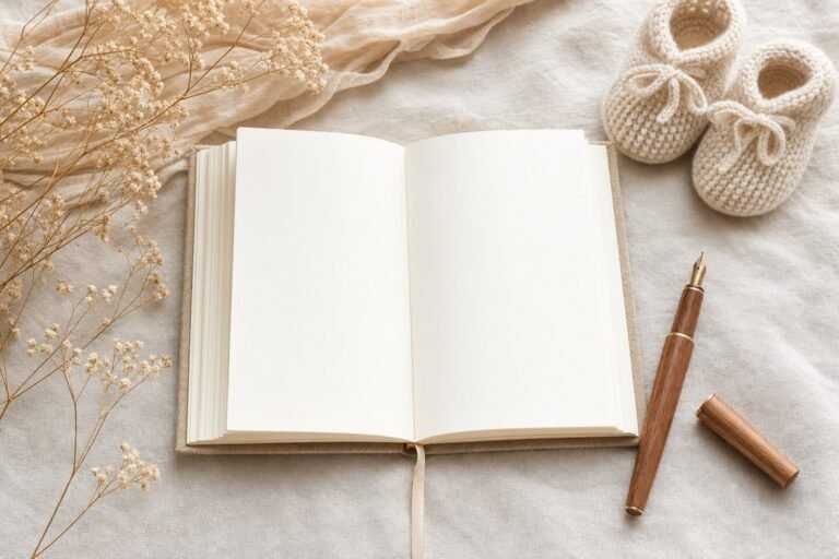 Carnet ouvert aux pages blanches, stylo-plume en bois et chaussons de bébé tricotés sur une couverture en lin