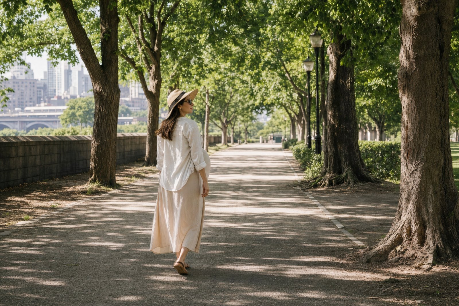 Femme en chapeau et lunettes de soleil se promenant à l'ombre d'une allée d'arbres un jour d'été