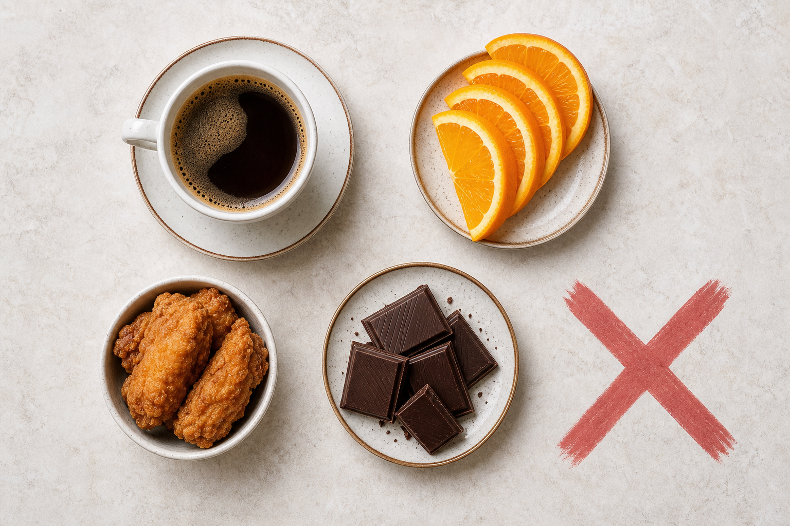 Aliments déclencheurs du RGO à éviter pendant la grossesse : café, agrumes, chocolat, fritures