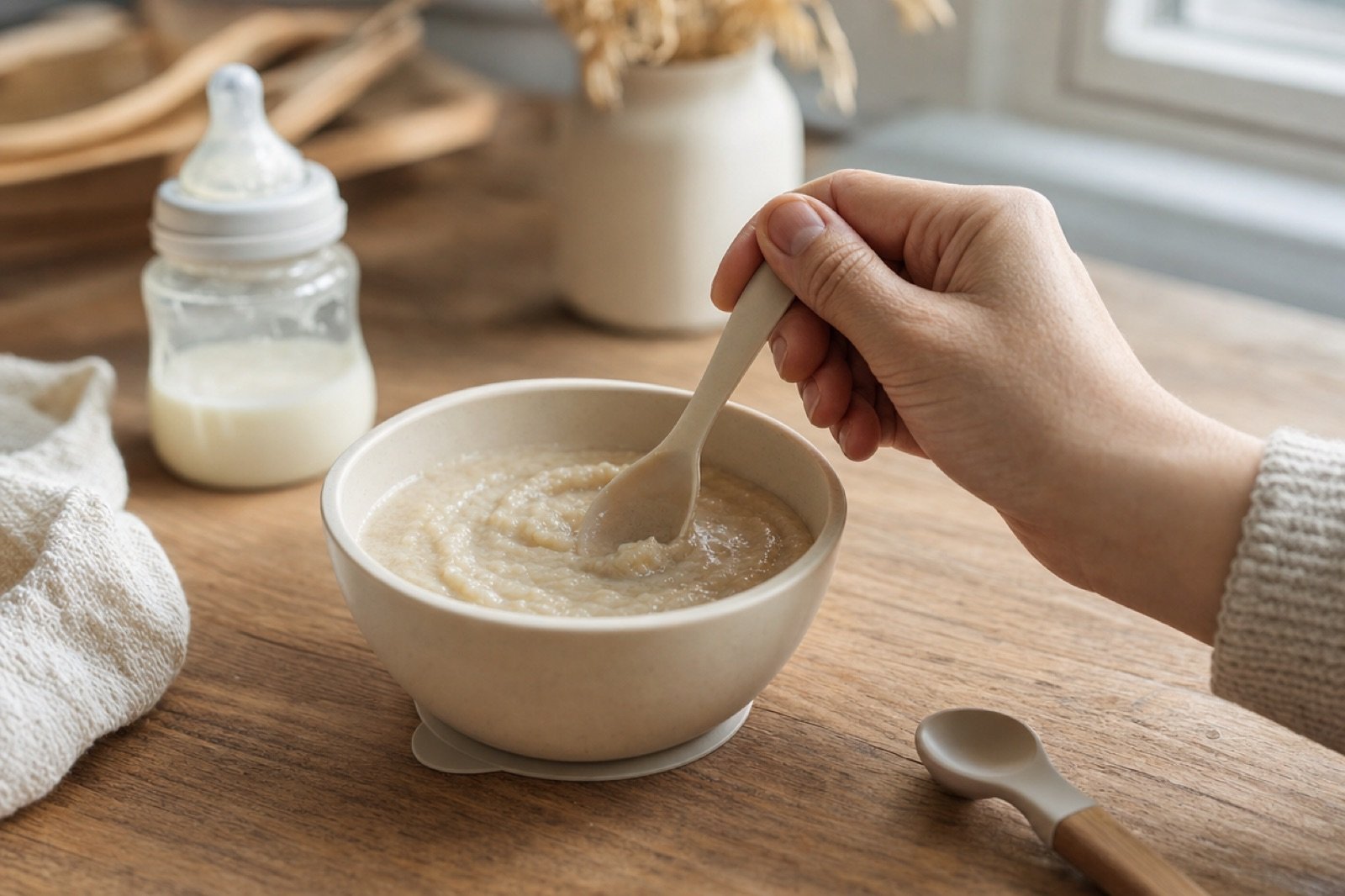 Bol de céréales infantiles préparé pour les premiers repas de bébé à 5-6 mois