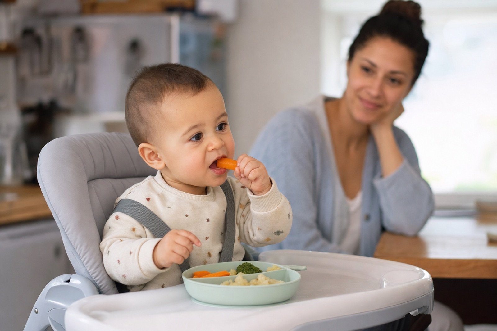 Bébé de 7-8 mois tenant lui-même un bâtonnet de légume mou pour ses premiers repas en DME