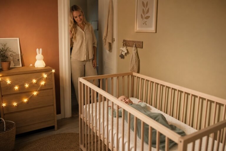 Bébé endormi sur le dos dans un lit à barreaux vide, en gigoteuse, sa maman le regarde depuis la porte