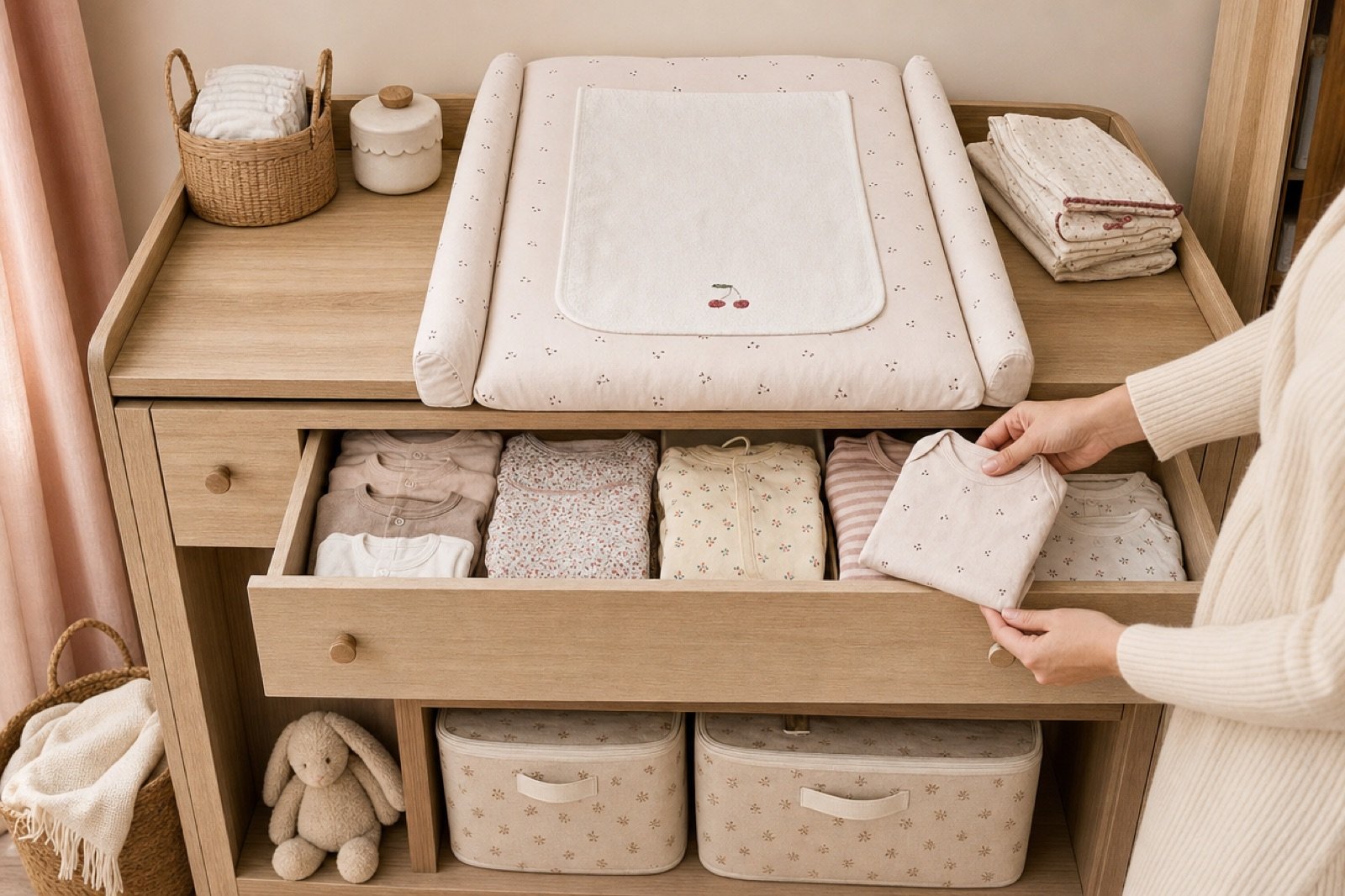 Table à langer organisée avec les vêtements de bébé rangés par taille dans le tiroir