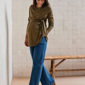 Tee-shirt long à noeud grossesse et allaitement Vertbaudet, olive
