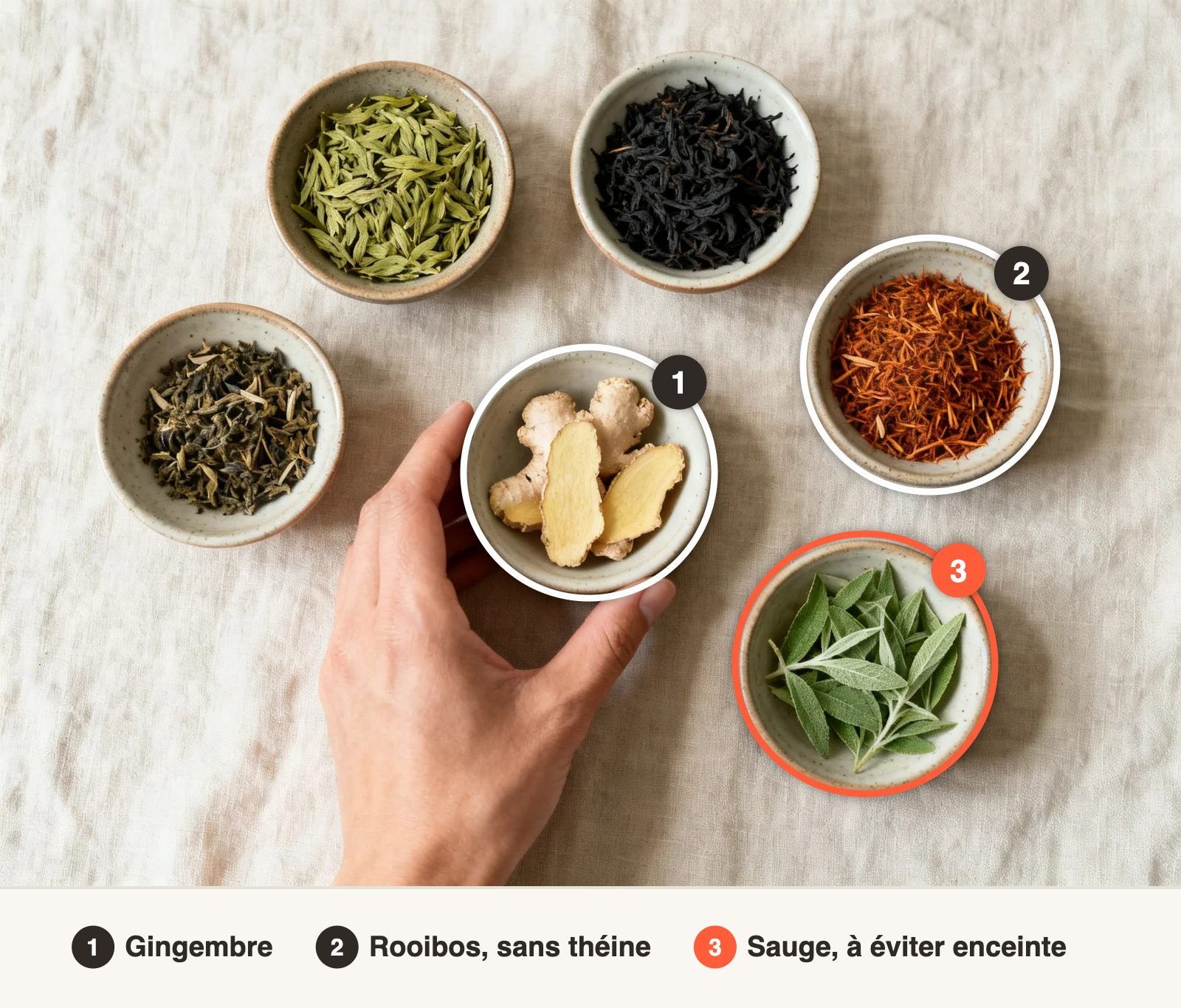 Bols de thé vert, thé noir, rooibos, gingembre et sauge, avec repères numérotés : la sauge est signalée comme à éviter pendant la grossesse