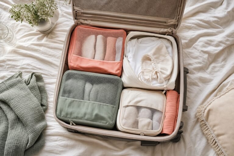Valise de maternité organisée par pochettes zippées : checklist visuelle pour bien la préparer