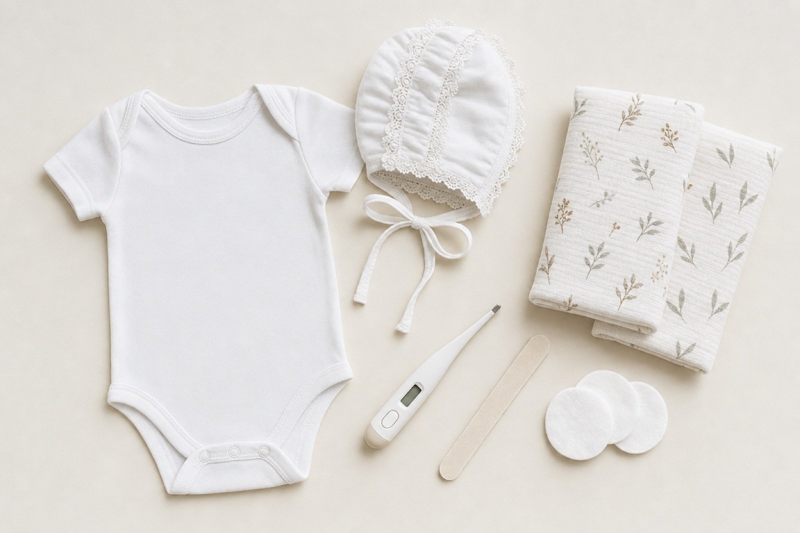 Essentiels bébé à mettre dans la valise de maternité : body, bonnet, langes et soins