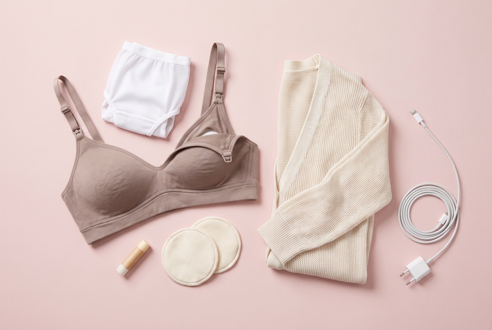 Affaires de la maman à préparer pour la valise de maternité : brassière d'allaitement, culotte post-accouchement, chargeur