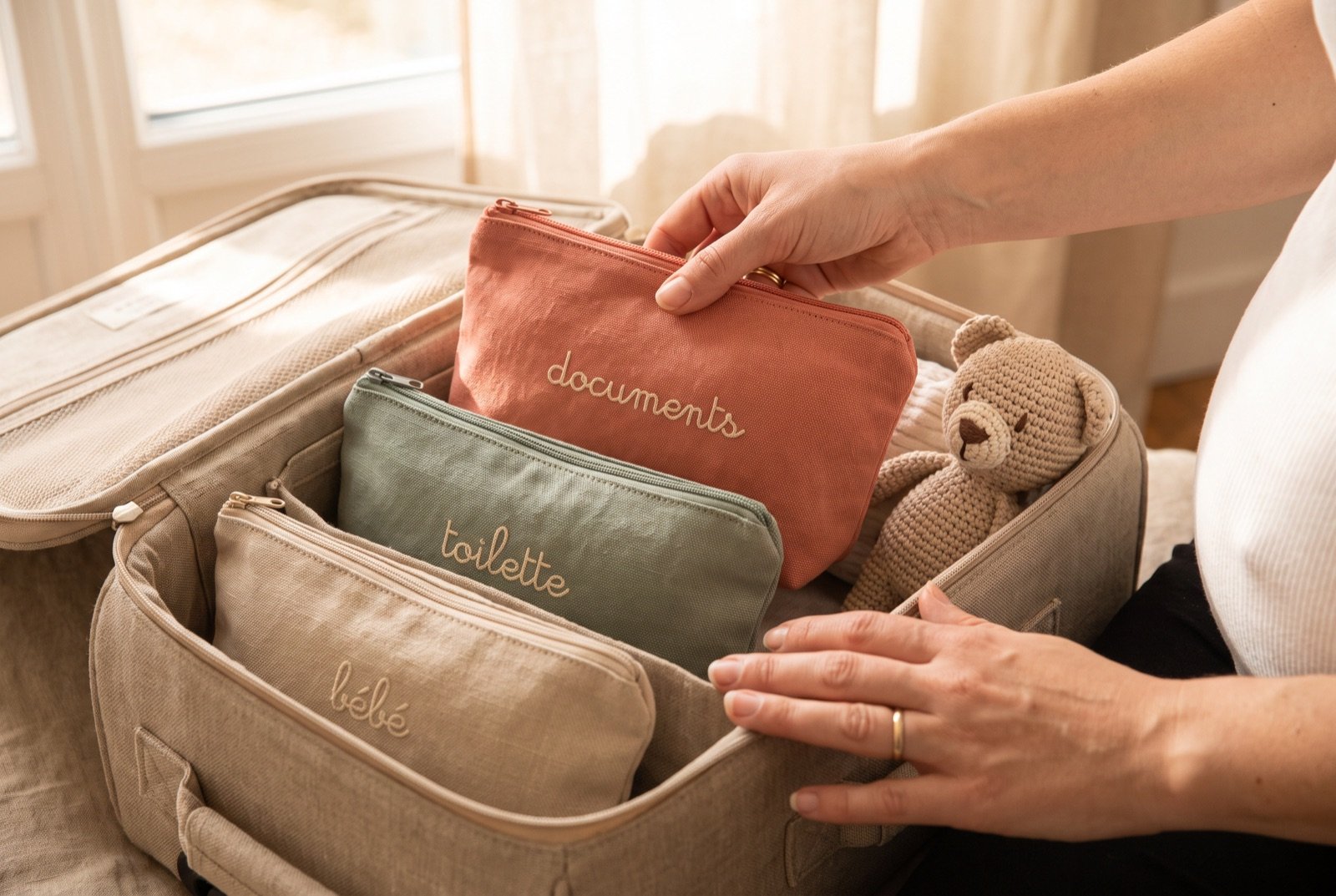 Organiser sa valise de maternité par pochettes zippées : documents, toilette, bébé