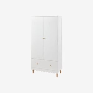Armoire blanche Ligne Feston Vertbaudet, 2 portes et un tiroir, poignées dorées, bas festonné et pieds en bois
