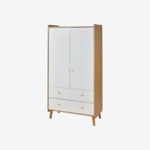 Armoire Moonlight Vertbaudet blanche à contour bois, 2 portes et 2 tiroirs, boutons dorés et pieds en bois, vue de trois quarts