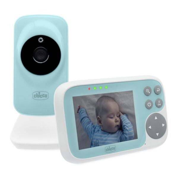 Babyphone vidéo Chicco : caméra bleu clair sur son pied et unité parent avec écran couleur