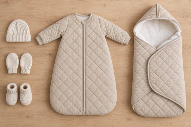 Une gigoteuse d'hiver à manches longues, un nid d'ange, un bonnet, des moufles et des chaussons en tricot posés à plat
