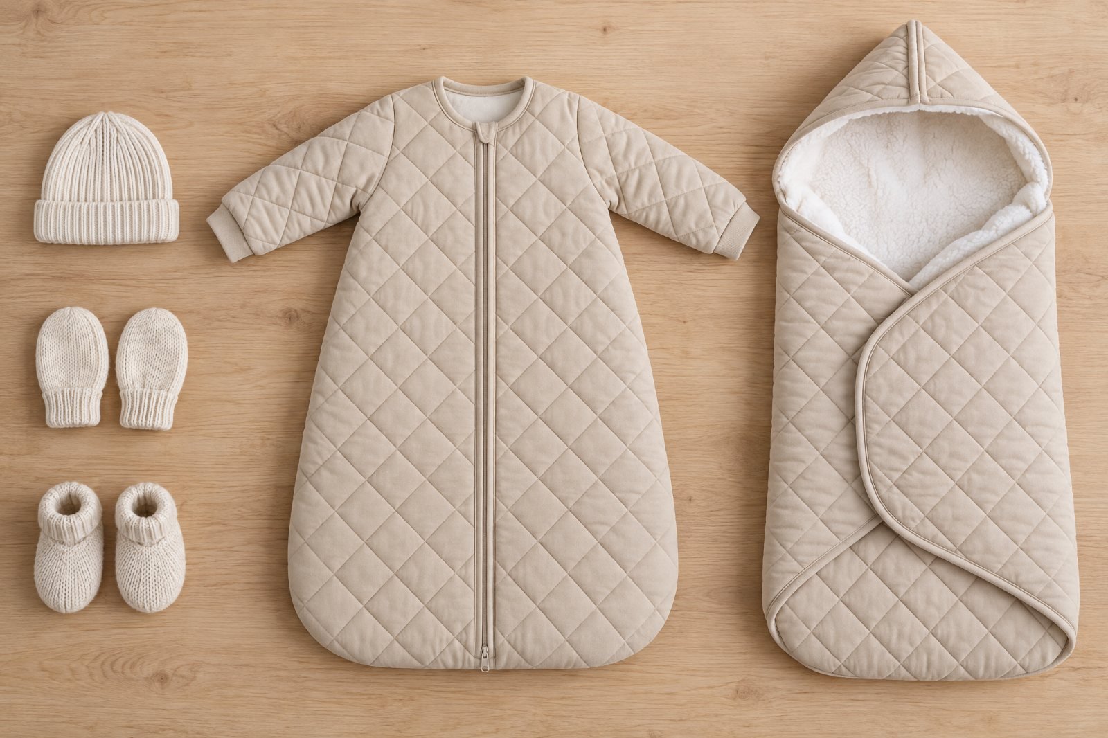 Une gigoteuse d'hiver à manches longues, un nid d'ange, un bonnet, des moufles et des chaussons en tricot posés à plat