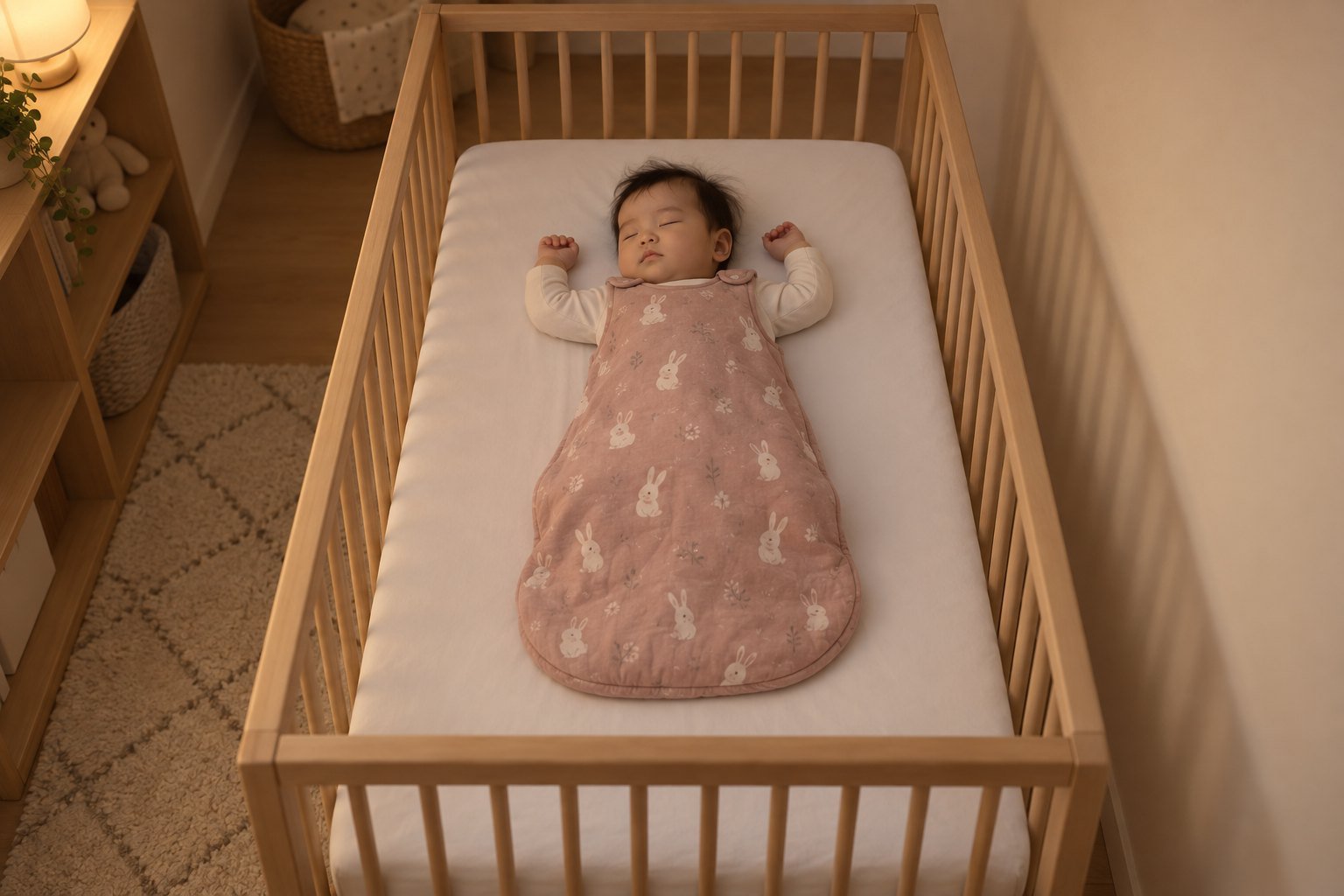 Habiller bébé la nuit : bébé endormi sur le dos dans un lit à barreaux vide, en body blanc à manches longues et gigoteuse rose à motifs lapins
