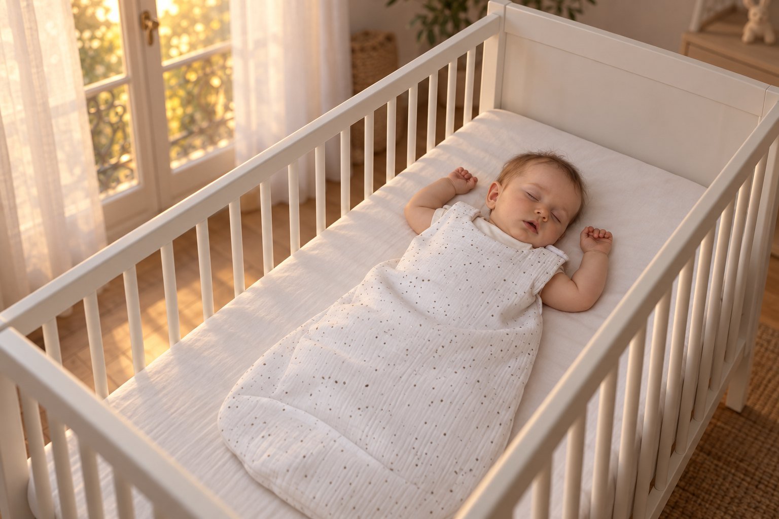 Bébé endormi sur le dos dans un lit à barreaux blanc vide, en gigoteuse légère en gaze de coton, près d'une porte-fenêtre baignée de soleil