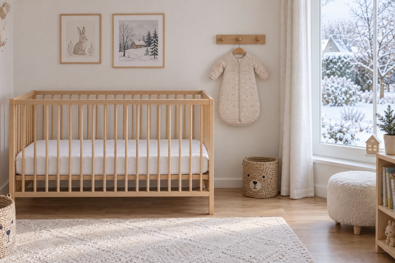 Une chambre de bébé en hiver : un lit à barreaux vide et une gigoteuse à manches longues suspendue à une patère