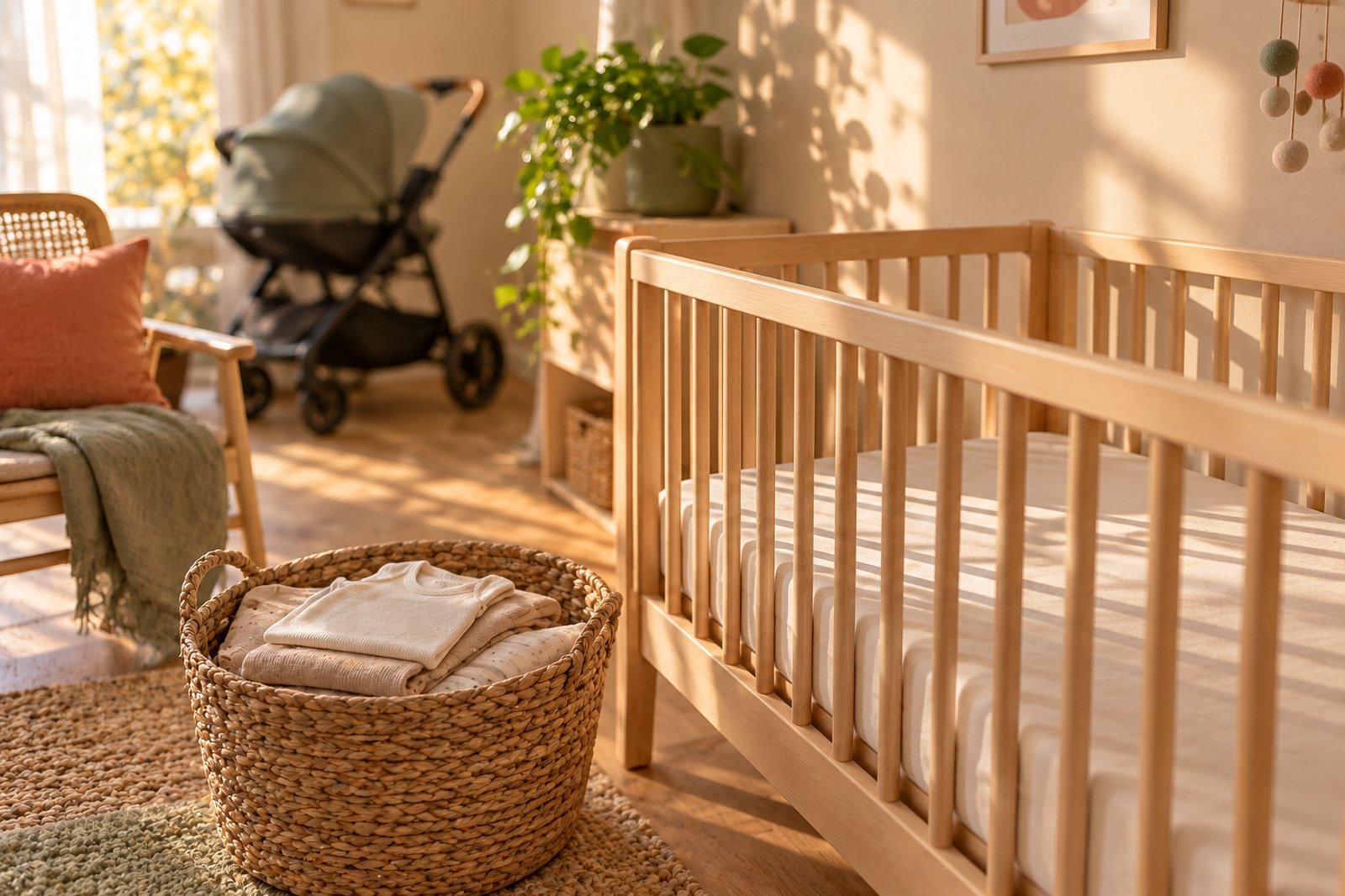 Chambre de bébé en préparation avec un lit à barreaux vide, un panier de bodies pliés et une poussette