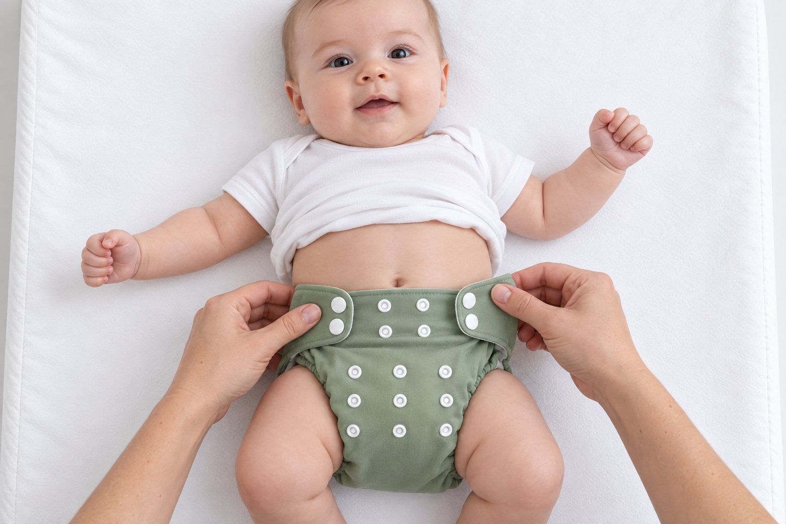 Un adulte referme une couche lavable verte à pressions sur un bébé allongé sur le dos
