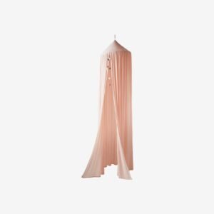 Ciel de lit rose pâle en gaze de coton Vertbaudet, voilage ouvert, avec une guirlande de pompons