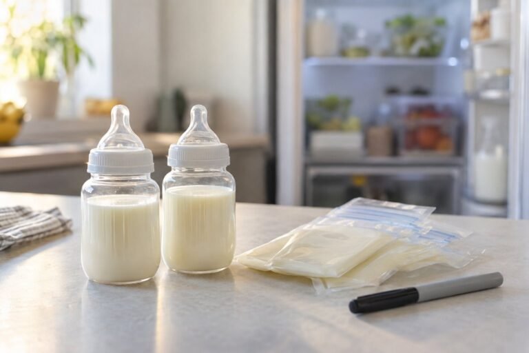 Conservation du lait maternel : deux biberons de lait et des sachets de conservation sur un plan de travail, à côté d'un marqueur