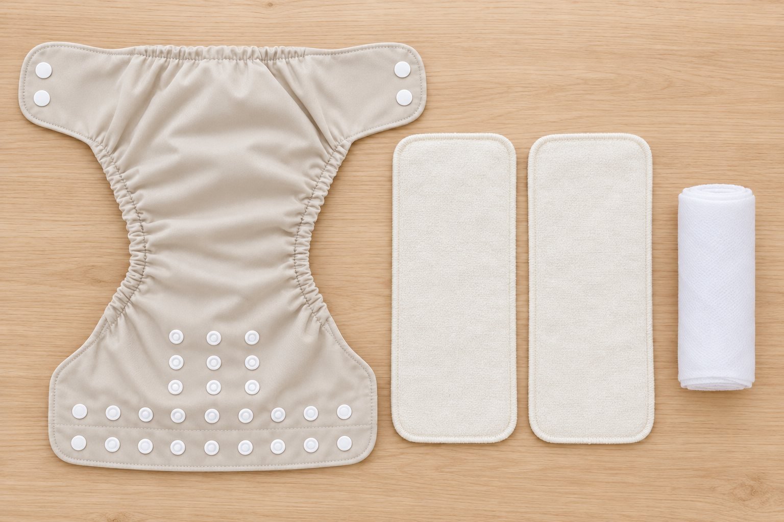 Une couche lavable beige ouverte à plat, deux absorbants en tissu écru et un rouleau de voile blanc