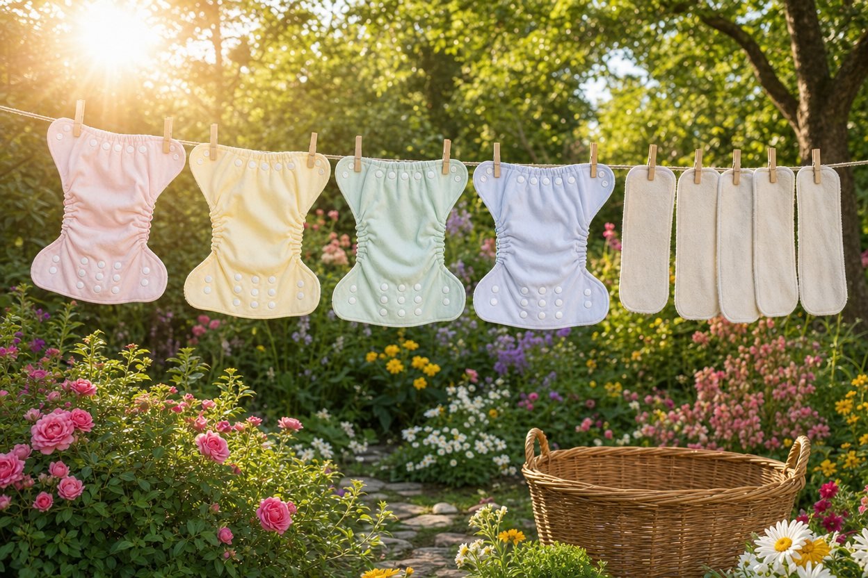 Quatre couches lavables de couleurs pastel et cinq absorbants qui sèchent sur un fil à linge, dans un jardin