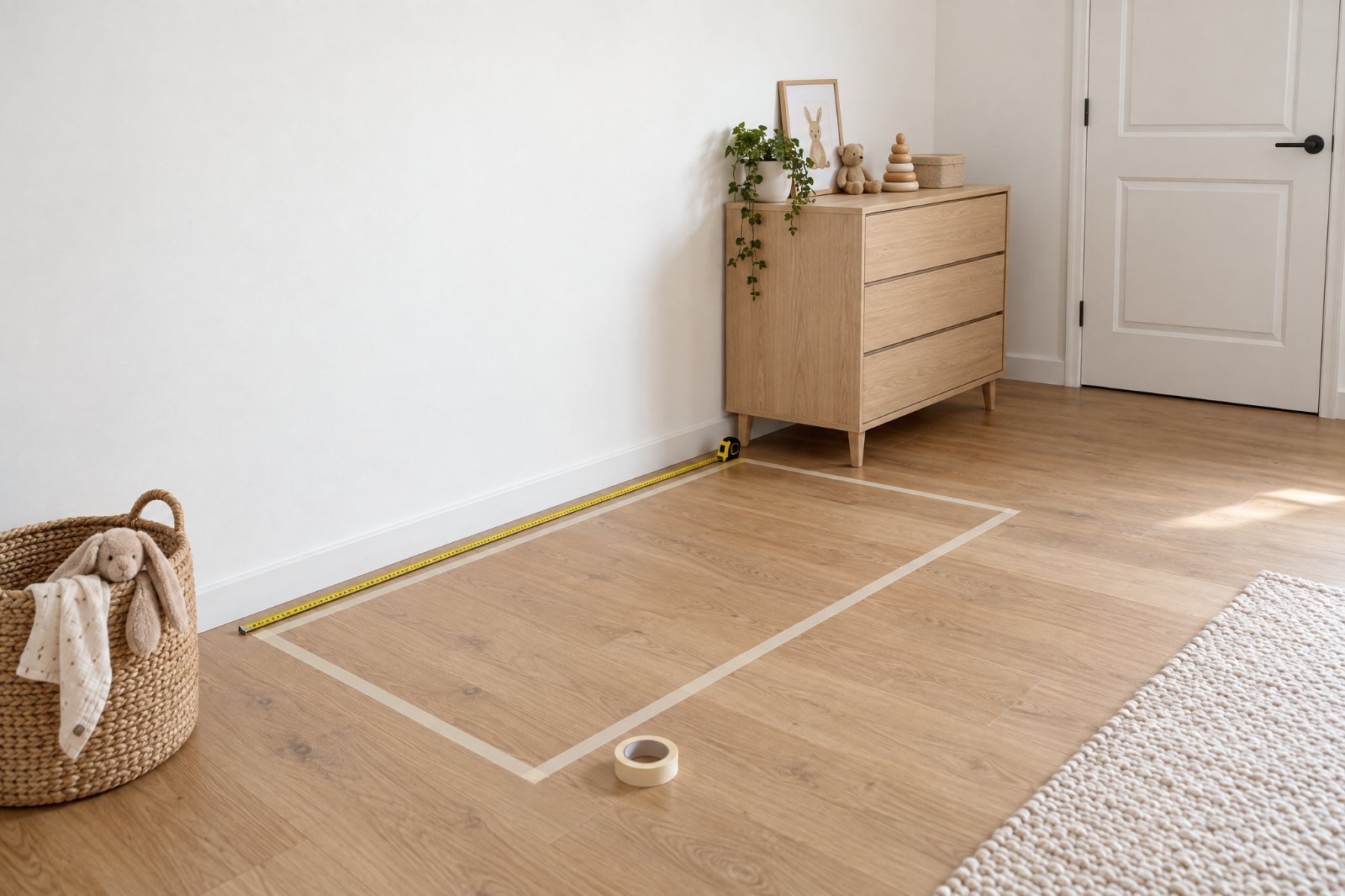 Emprise d'un lit de bébé tracée au ruban de masquage sur le parquet d'une chambre, avec un mètre ruban
