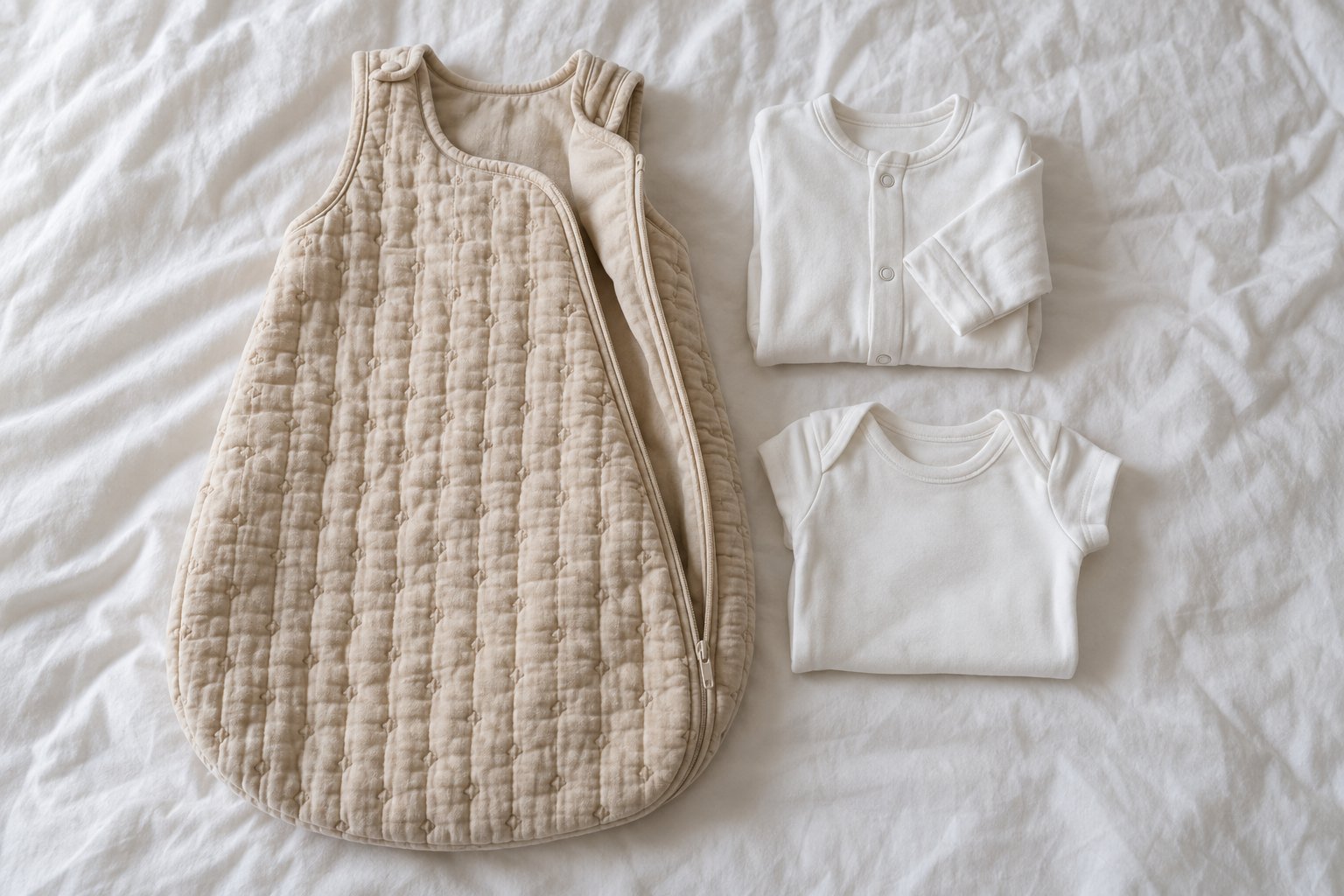 Gigoteuse matelassée beige ouverte par sa fermeture éclair, à côté d'un pyjama blanc et d'un body blanc à manches courtes pliés sur un drap
