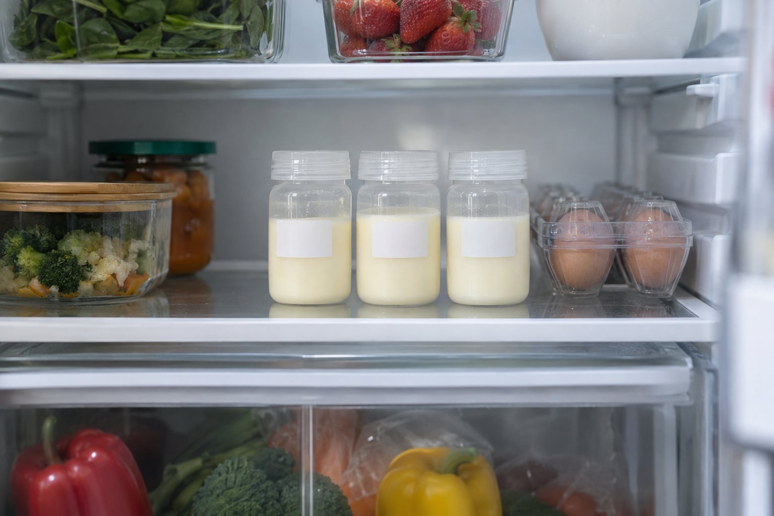 Trois pots de lait maternel munis d'une étiquette blanche, rangés sur une clayette du réfrigérateur