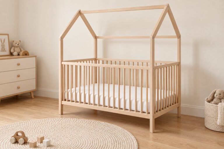 Lit cabane bébé à barreaux en bois clair, vide, dans une chambre de bébé aux tons crème